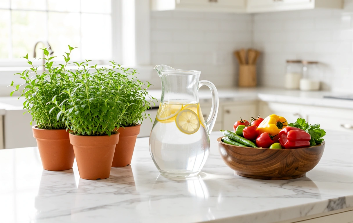 Frische Kräuter und natürliches Licht in einer hellen Küche